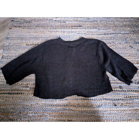 August Silk L Black 3/4 Sleeve Open Knit Bolero Sweater Shawl One Button Croppe - Picture 6 of 6